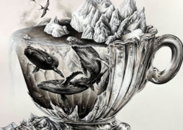 (Foto: Alyse Dietel,FRAGILIDAD (2023, PLUMA, ACUARELA, ACRÍLICO). Fuente: Quinta Evaluación Nacional del Clima Arte x Galería del Clima.)