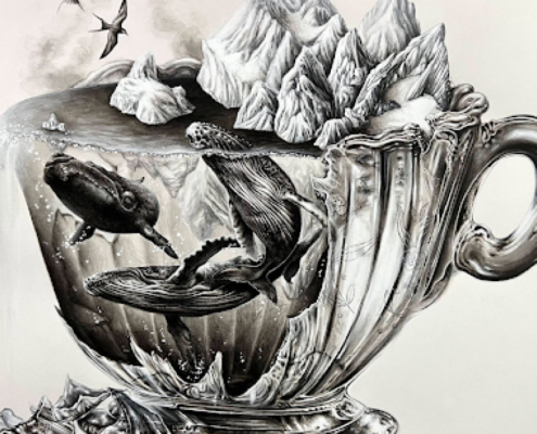 (Foto: Alyse Dietel,FRAGILIDAD (2023, PLUMA, ACUARELA, ACRÍLICO). Fuente: Quinta Evaluación Nacional del Clima Arte x Galería del Clima.)
