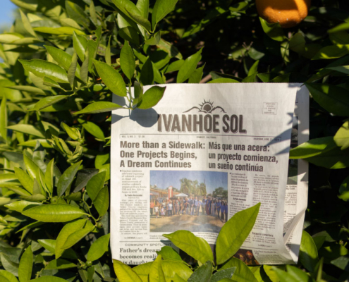 Acerca de The Ivanhoe Sol A physical newspaper printout copy of the The Ivanhoe Sol posed inside of an orange tree in Tulare County